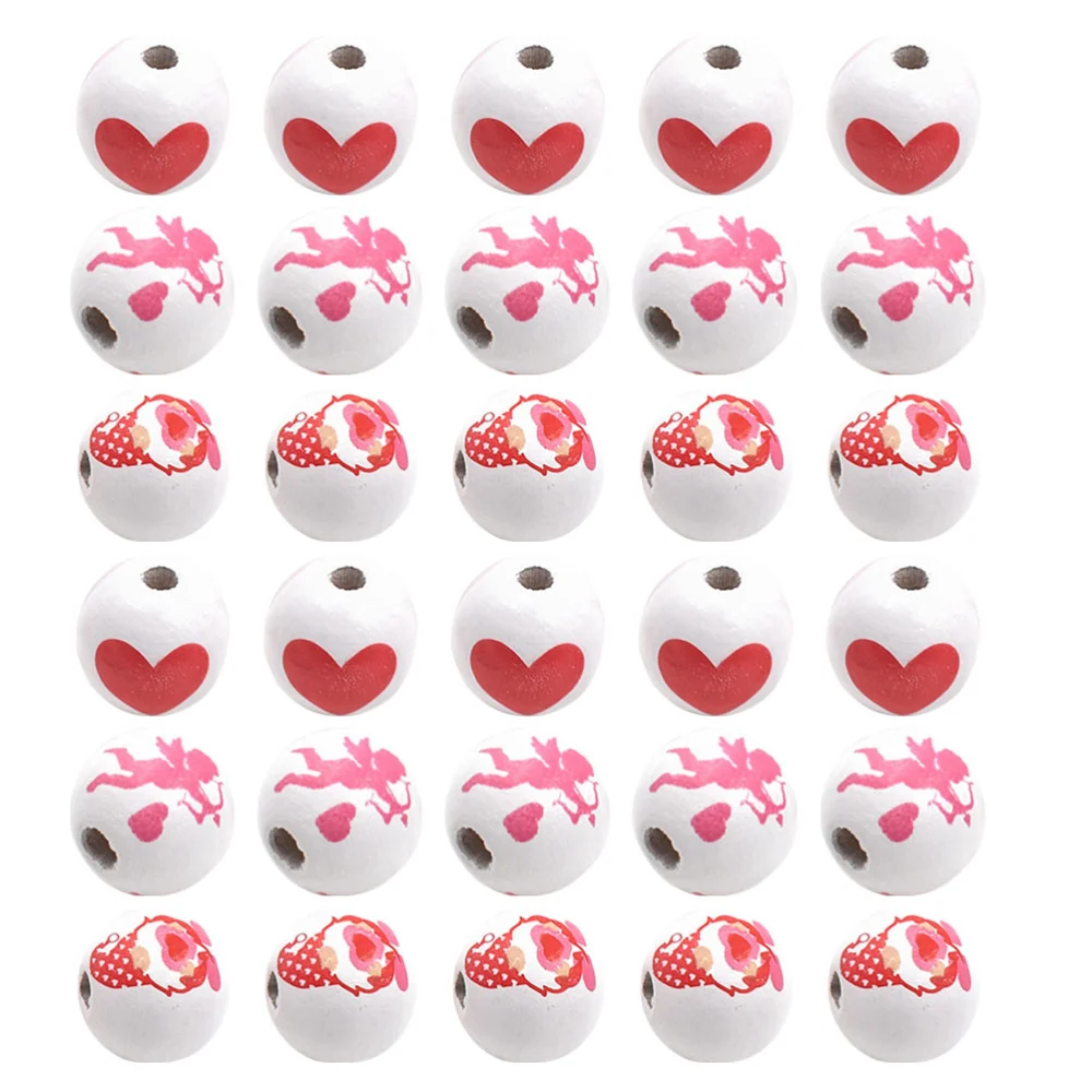 30pcs DIY Beads Round Shaped Jewelry Making Beads Valentine's Day DIY Garland Wood Beads