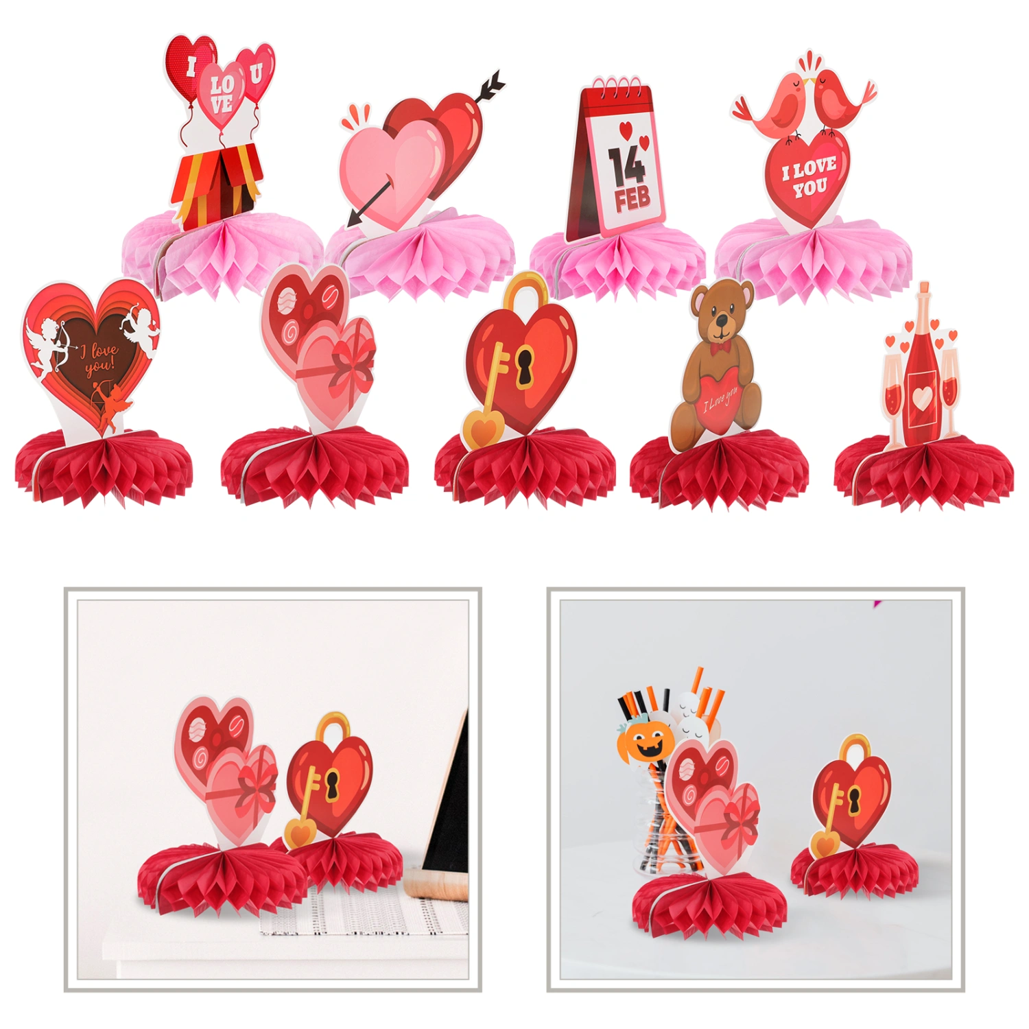 9PCS Valentine‘s Day Paper Honeycomb Decorative Prop Home Desktop Adornments