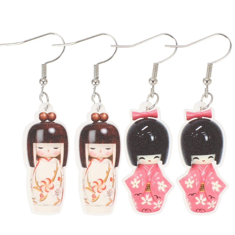 2 Pairs Kimono Doll Pendant Earrings Acrylic Earrings Japanese Kawaii Jewelry