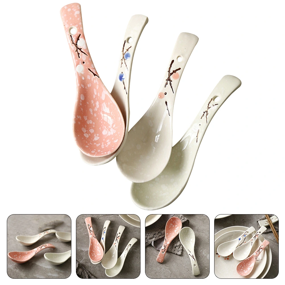 4Pcs Short Handle Spoon Ceramic Spoon Restaurant Spoon Porridge Spoon Home Spoons
