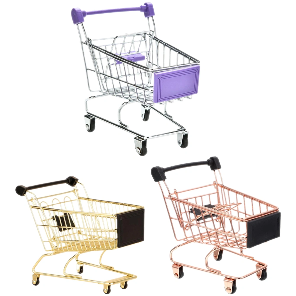 3pcs Miniature Supermarket Shopping Carts Girls Desk Storage Toy Makeup Sponge Holder