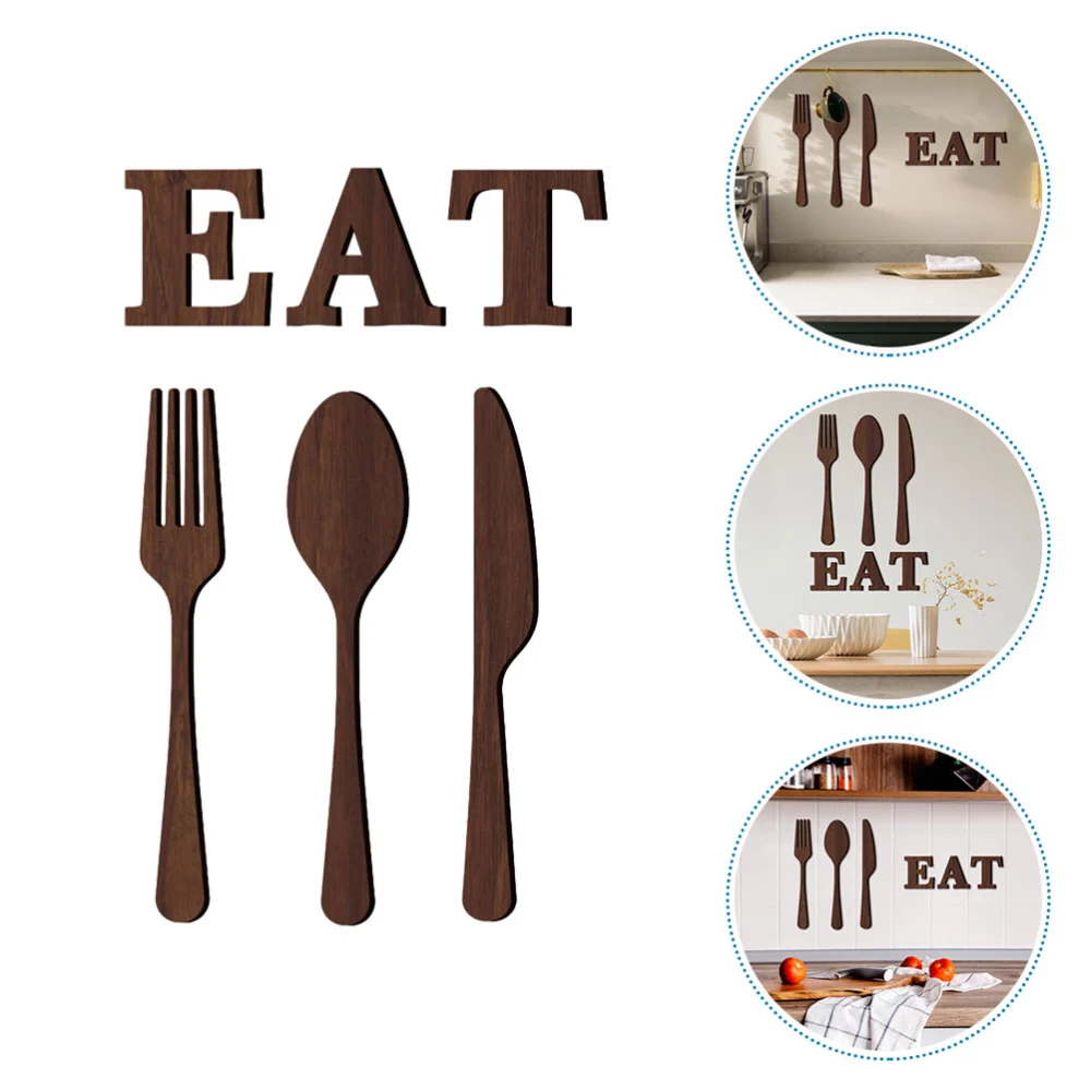 1 Set EAT Sign Wooden Fork Spoon Cutter Sign Wall Decor Cutout Wall Decor for Home Dining Room Restaurant