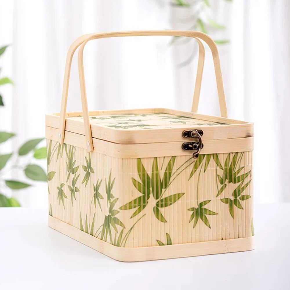 Woven Picnic Basket Rustic Picnic Hamper Bamboo Woven Storage Basket for Fruit Bread