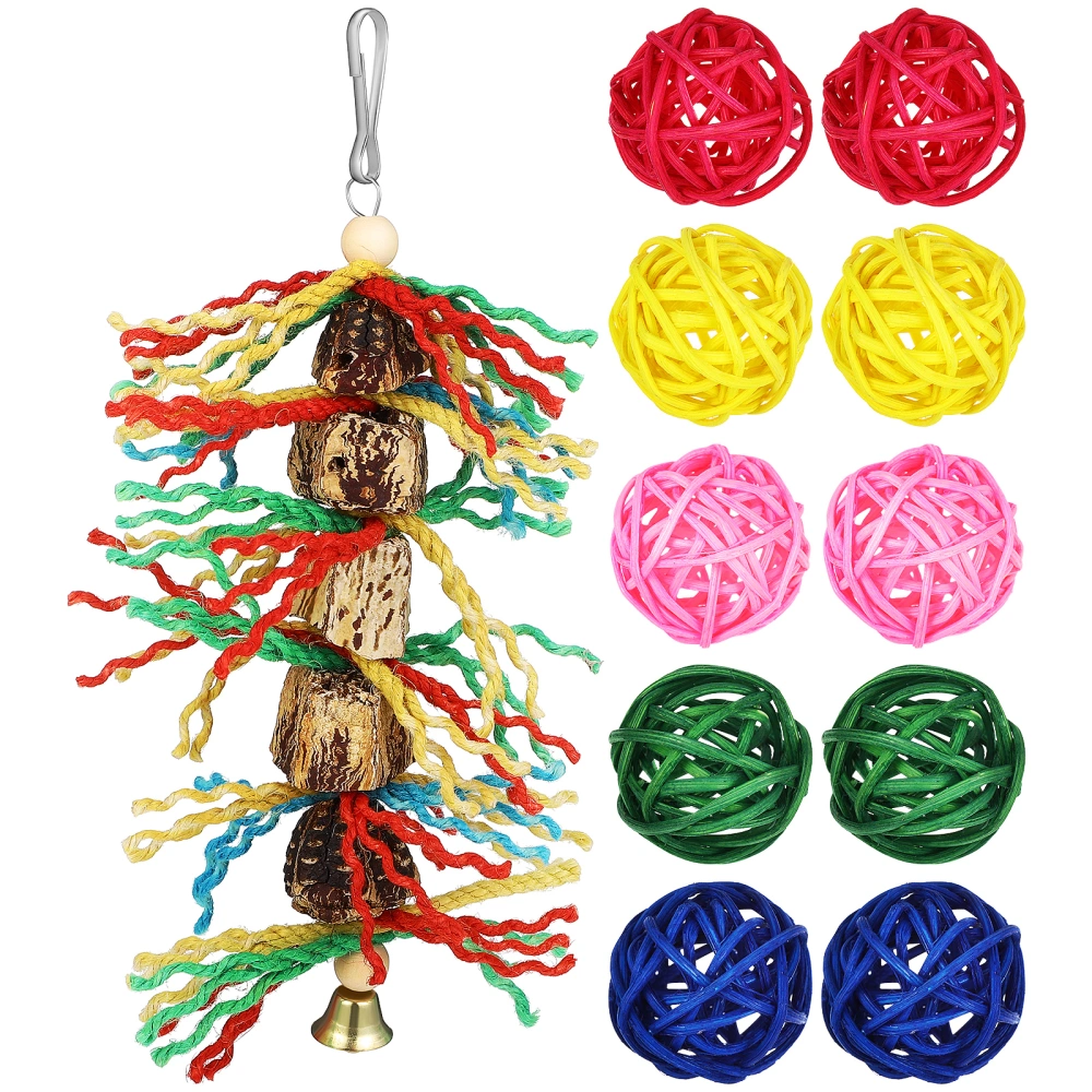 1 Set Chewing Toys for Birds Wooden Hanging Block Toy with Rattan Balls Bird Cage Accessories