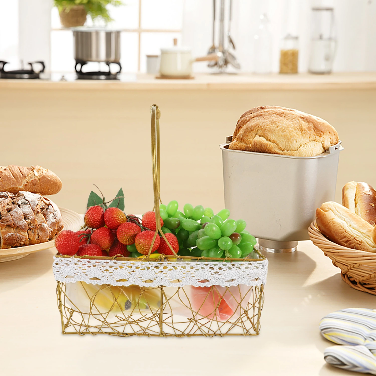 Kitchen Storage Basket Fruit Vegetable Basket Metal Wire Basket with Handle