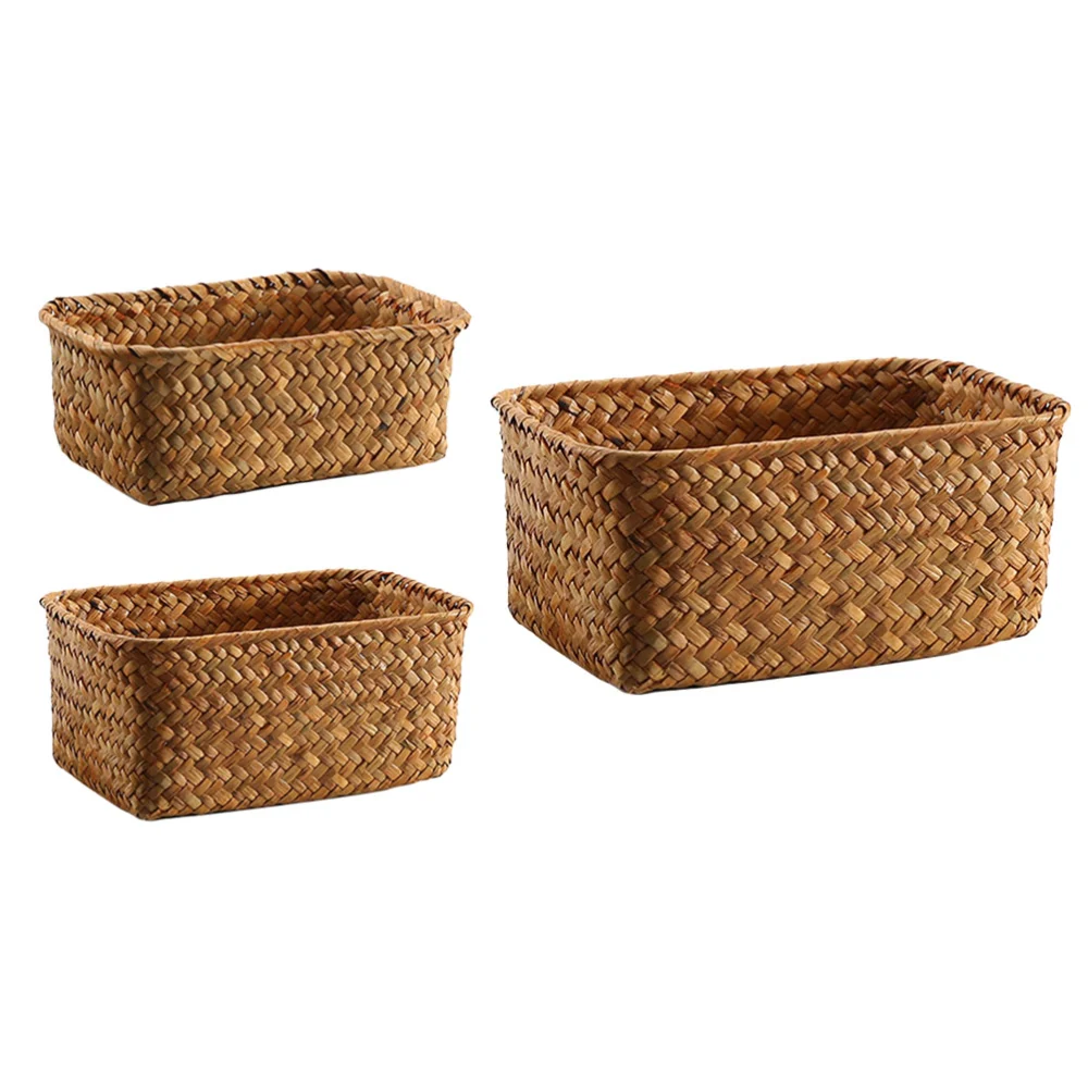 3pcs Multi-functional Straw Braid Storage Holder Sundry Organizer Basket Storage Basket for Home