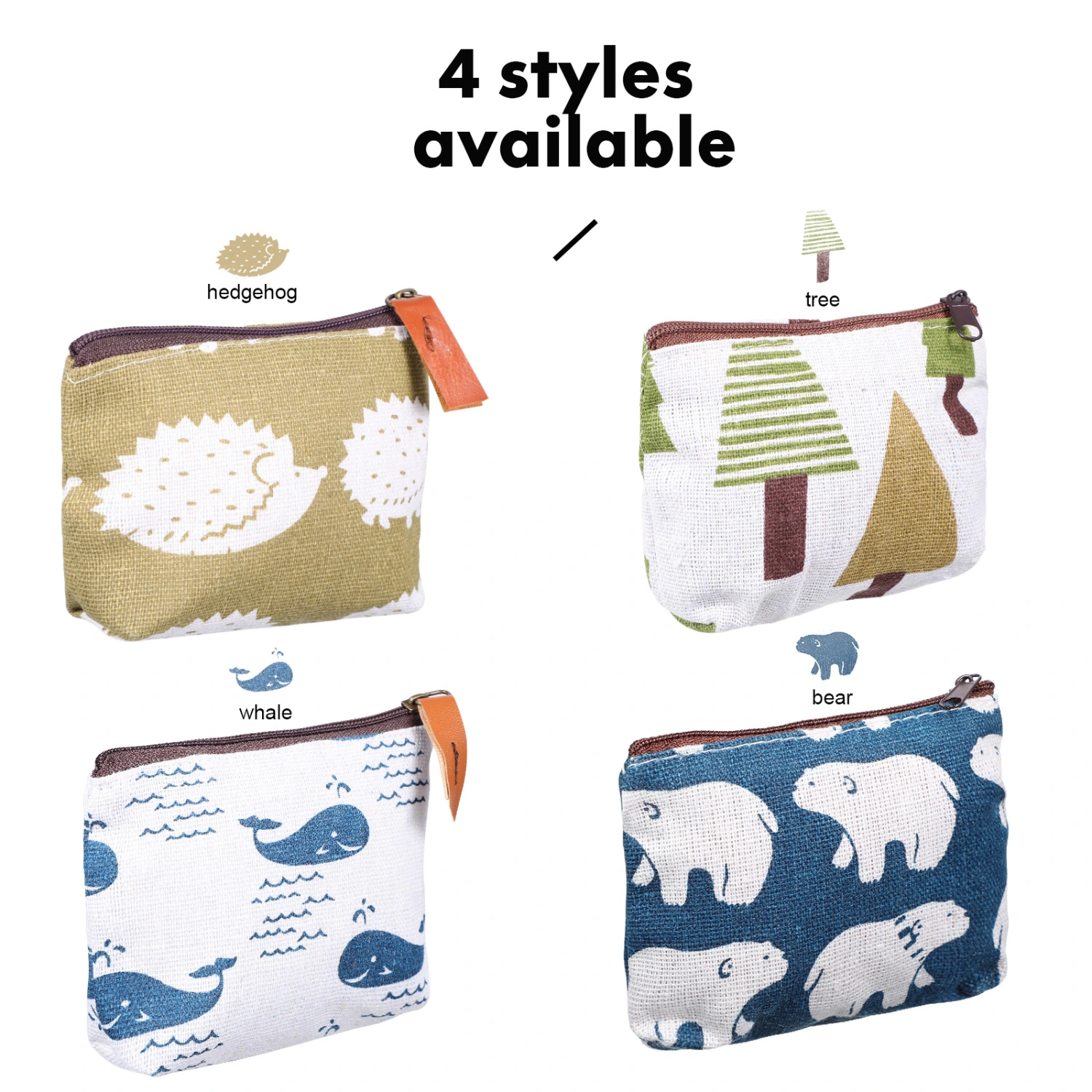 4 Pcs Zip Bags Cartoon Pattern Canvas Cosmetic Bags Small Makeup Bags Coin Bags for Women and Girls