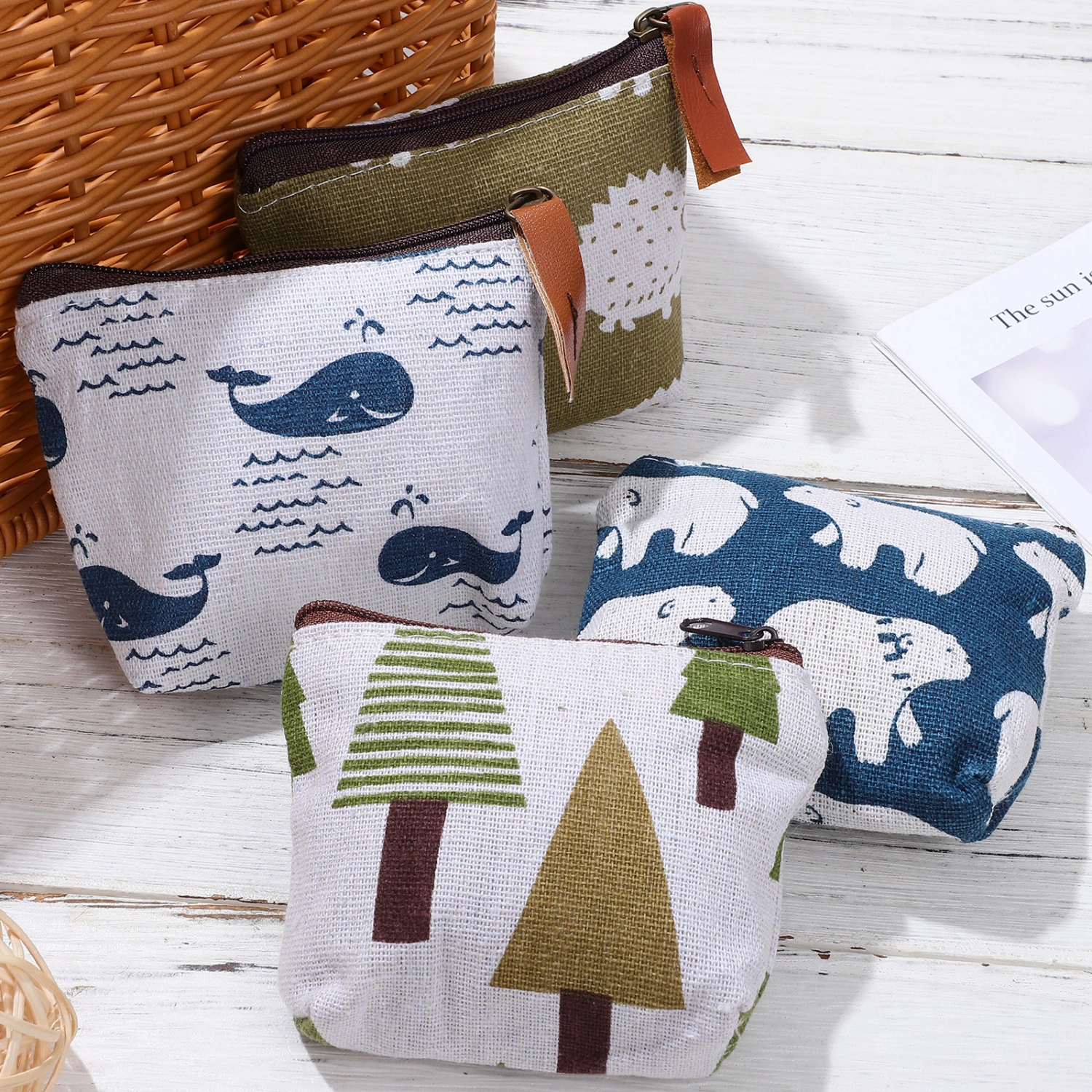 4 Pcs Zip Bags Cartoon Pattern Canvas Cosmetic Bags Small Makeup Bags Coin Bags for Women and Girls