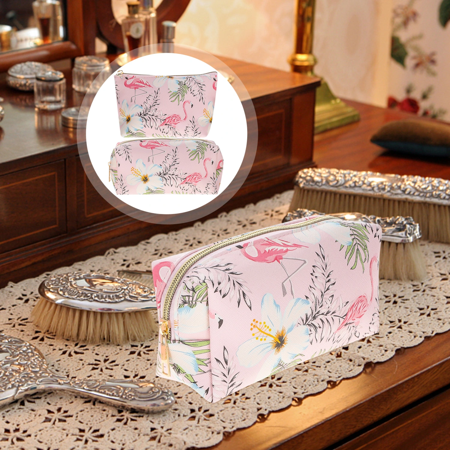2Pcs Flamingo Makeup Bags Cosmetic Travel Bags Portable Makeup Bags Travel Toiletry Bags