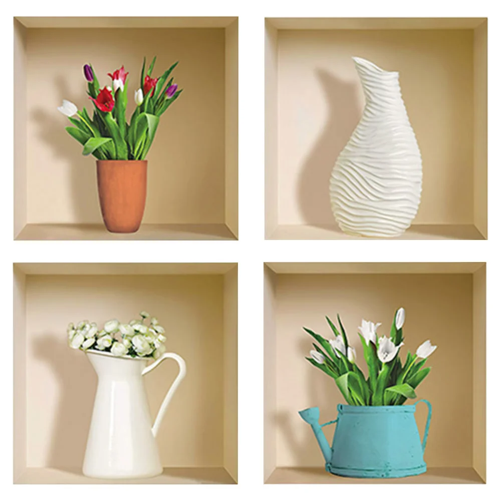 4pcs Vase Design Wall Sticker Bedroom 3D Plant Wall Decals Indoor Wall Decals