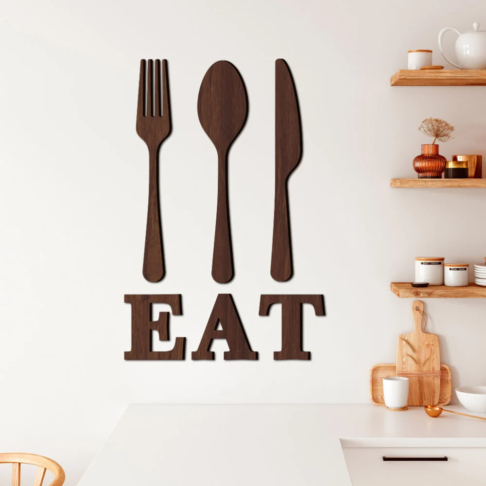 1 Set EAT Sign Wooden Fork Spoon Cutter Sign Wall Decor Cutout Wall Decor for Home Dining Room Restaurant