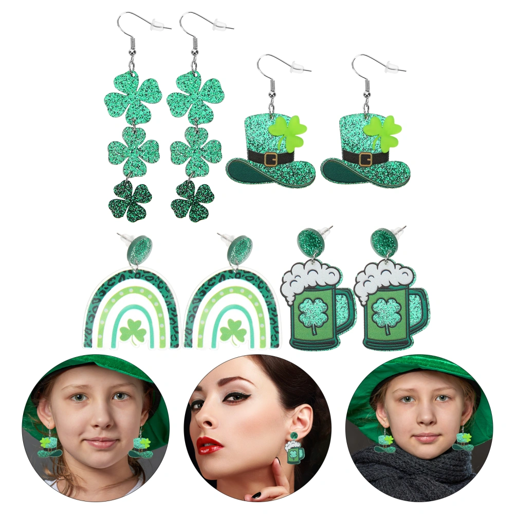 4 Pairs St. Patrick's Day Earrings Beer Cup Earrings Green Clovers Drop Dangle Earrings