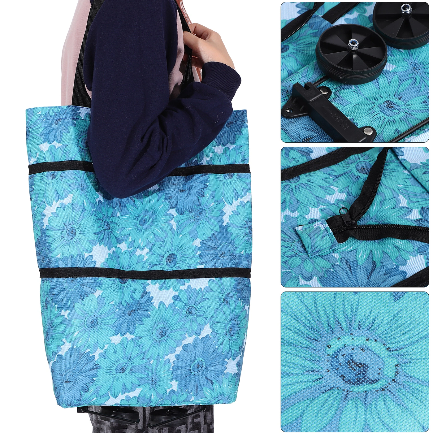 2 Pcs Folding Shopping Bags Collapsible Trolley Bags with Wheels for Women
