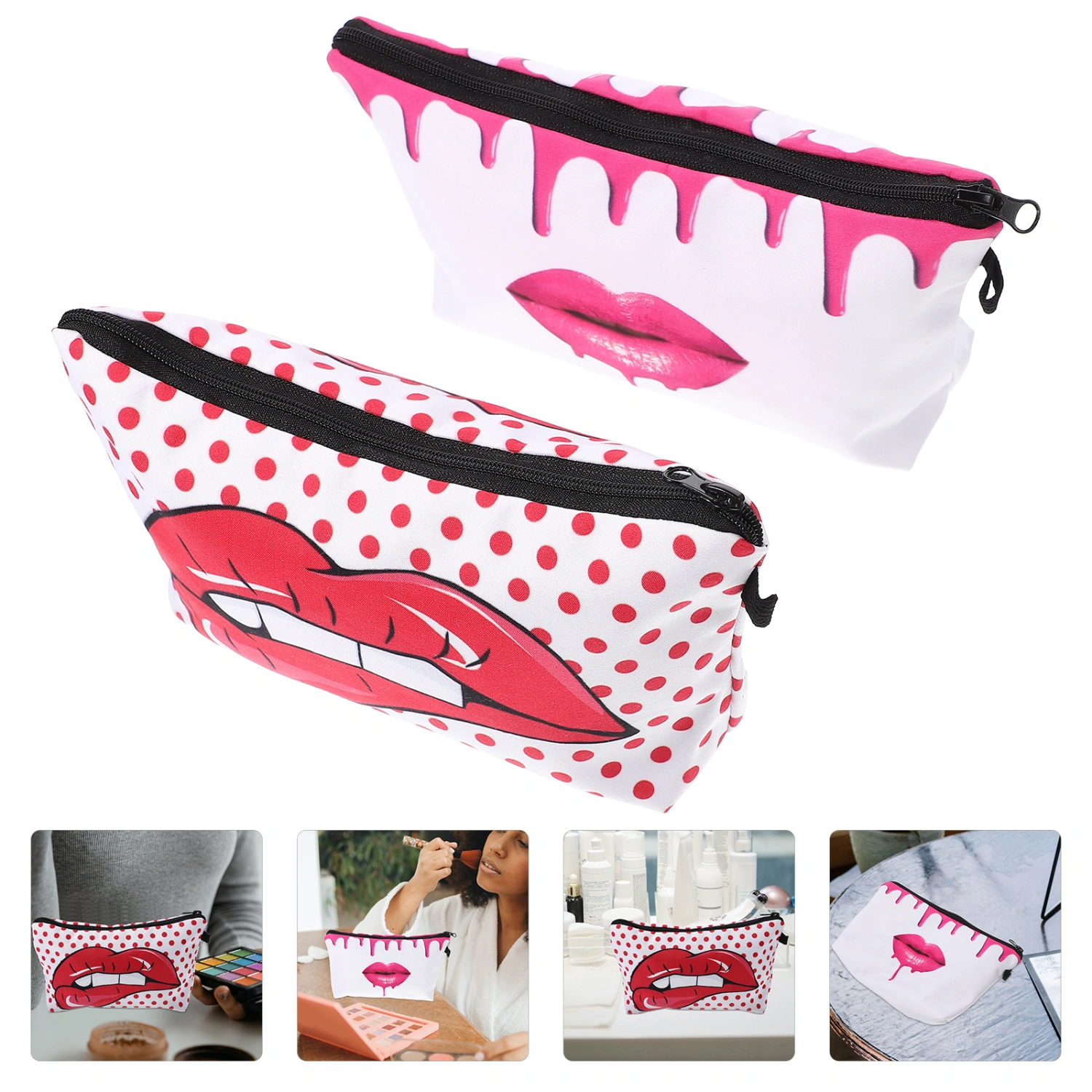 2Pcs Women Cosmetic Bag Makeup Bag Travel Portable Toiletry Bag Lips Printing Storage Bag