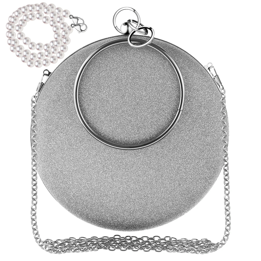 Women's Round Bag Evening Clutch Purse Handbag with Round Ring and Detachable Pearls Chains for Wedding Party