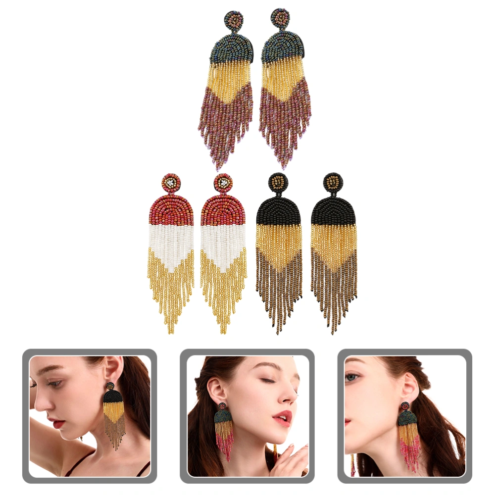 3 Pairs Beaded Tassel Earrings Bohemian Dangle Earrings Ethnic Ear Jewelry