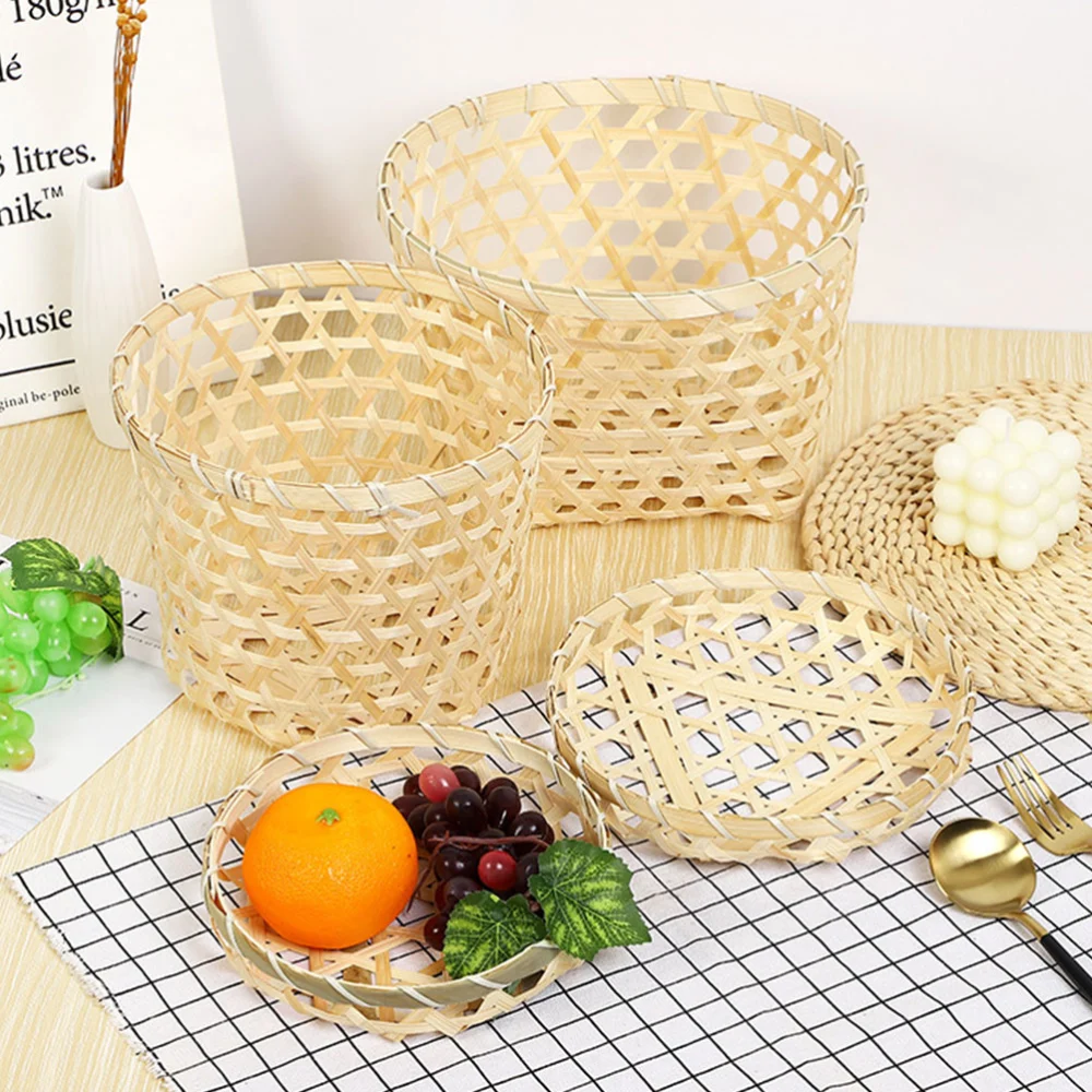 2pcs Woven Bamboo Basket Draining Storage Basket Bamboo Fruit Vegetable Organizer