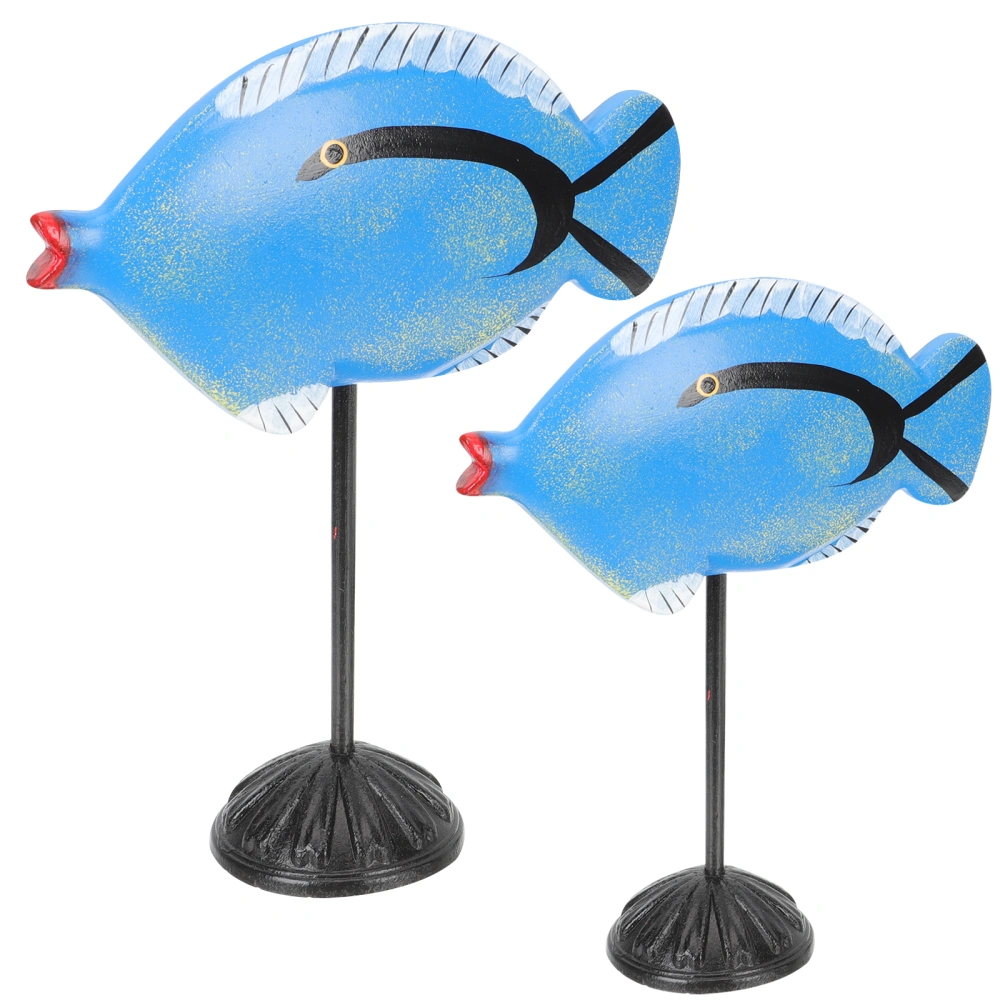 2Pcs Mediterranean Style Fish Decor Wooden Fish Figurine Desktop Fish Model Wooden Fish Decor