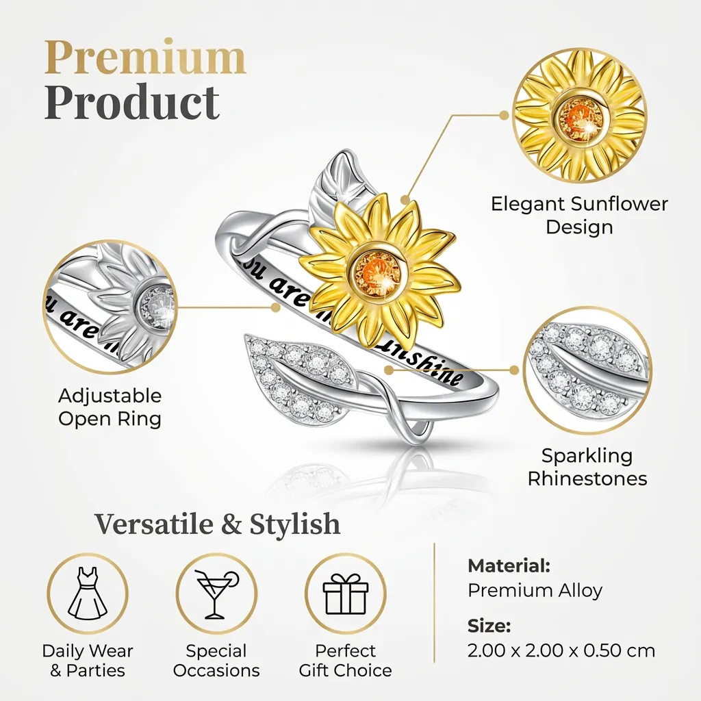 Sunflower Ring Rhinestones Ring Adjustable Open Ring Women Finger Decoration