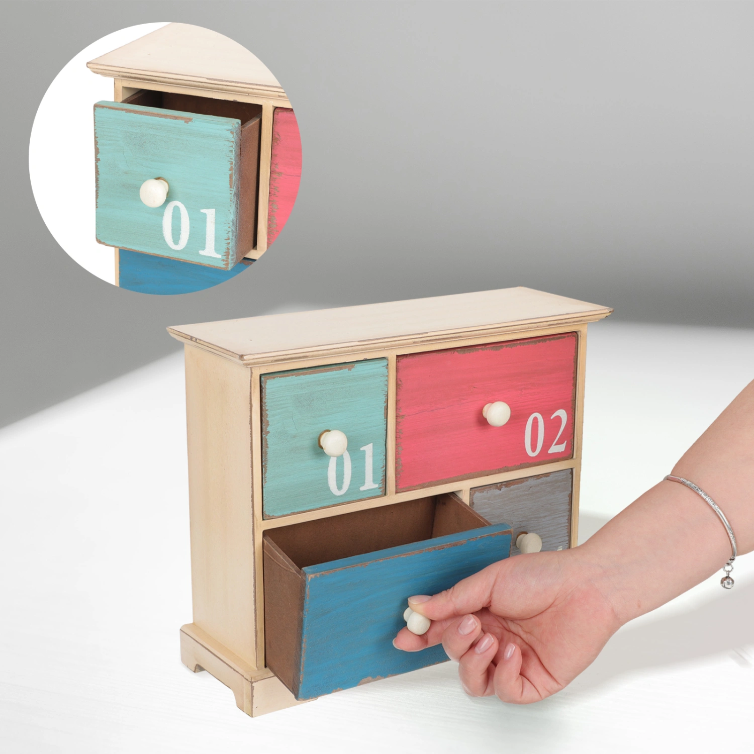 Rustic Wood Desktop Organizer Drawers Storage Cabinet Cosmetic Jewelry Storage Box with 4-drawer