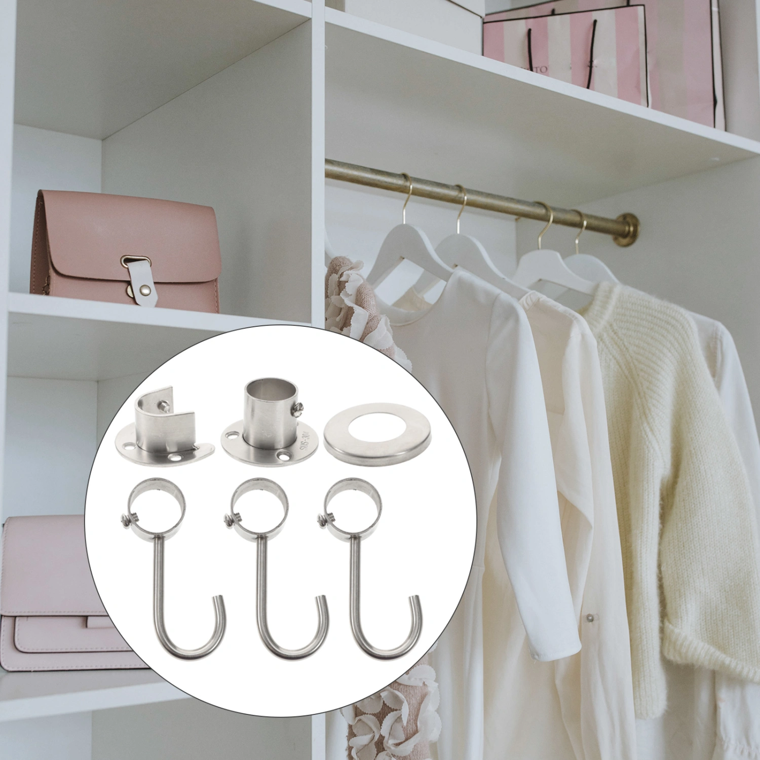 1 Set Closet Pole Sockets Shower Curtain Rod Holders Stainless Steel Wardrobe Brackets