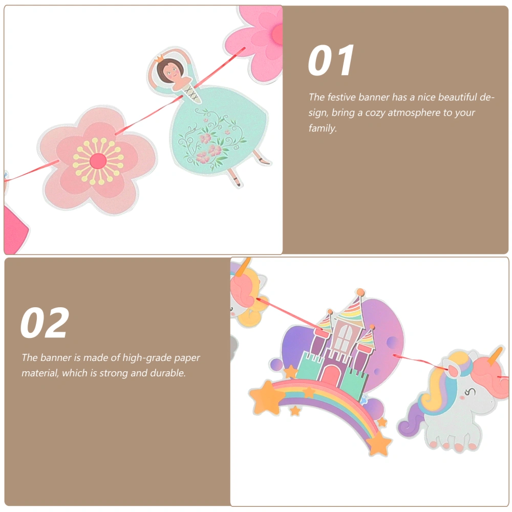 3pcs Party Decorative Banners Cartoon Unicorn Flowers Princess Parties Paper Banner Party Decoration