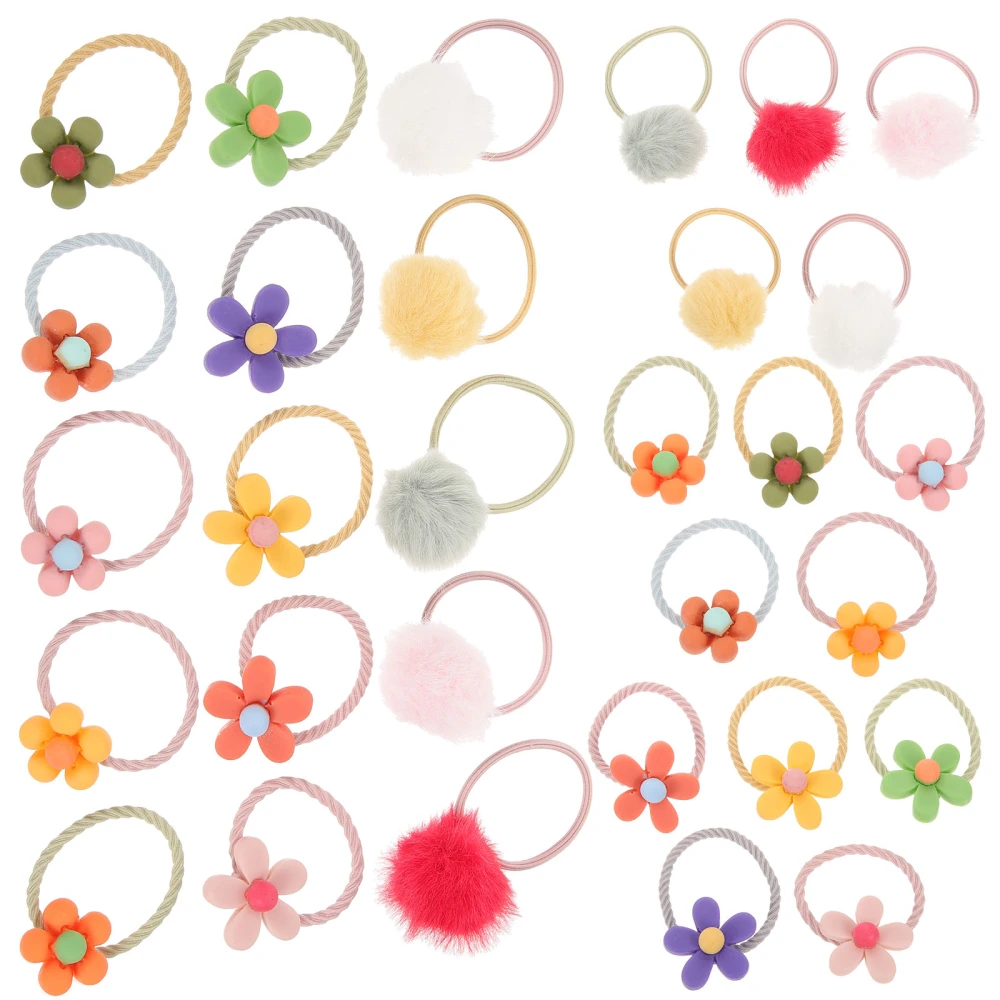 30pcs Flower Hair Ties Pom Pom Hair Ties Elastic Ponytail Holders Girls Headdress