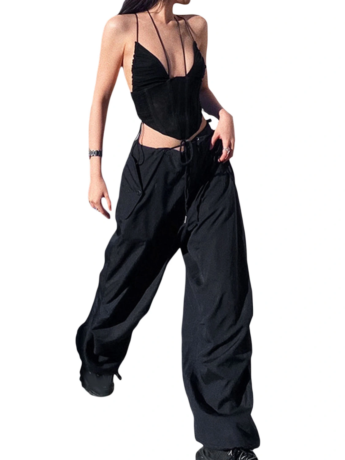 Women Casual Trousers with Solid Color, Elastic Waist Drawstring Loose Version Summer Clothing