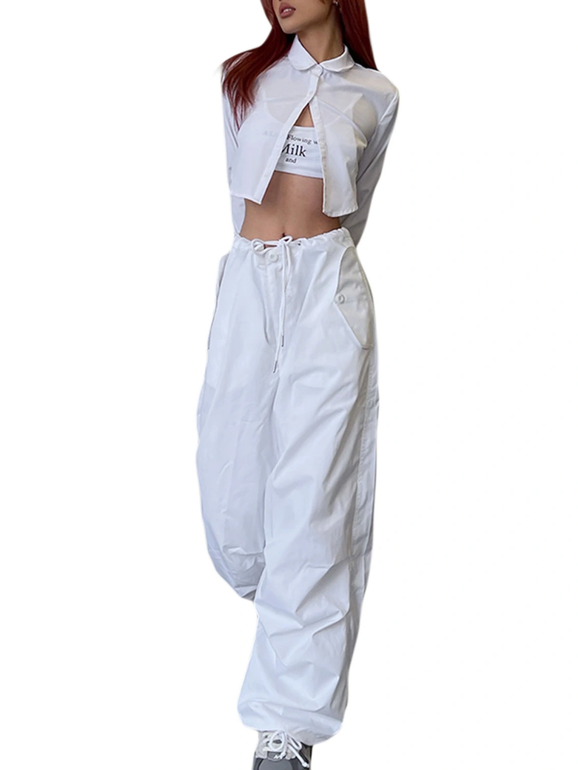 Women Casual Trousers with Solid Color, Elastic Waist Drawstring Loose Version Summer Clothing