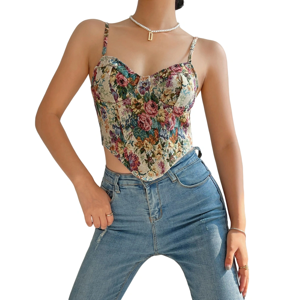 Women Vest Tops, Sleeveless V Neck Floral Print Retro Irregular Hem Casual Party Street Fall Spring Summer Sling Vest