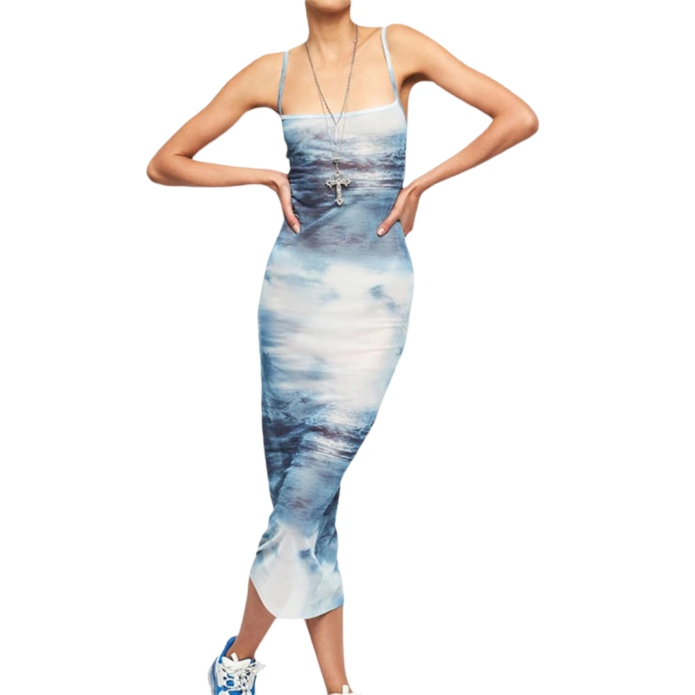 Women&acute;s Bodycon Long Dress, Sleeveless Square Neck Spaghetti Strap Cloud Print Dress