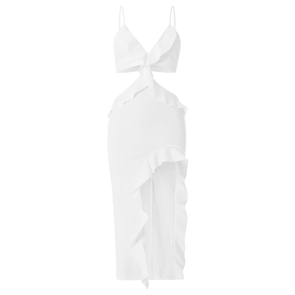 Women's Summer Fitted Cocktail Dress White Sleeveless Irregular Ruffle Hollow Party Dress Clubwear