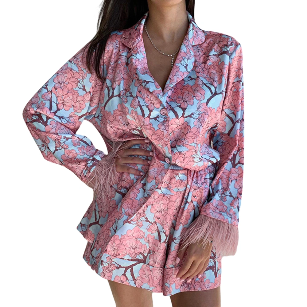 Women's 2 Piece Lounge Set Pajama Set Long Sleeve Lapel Button Tops Wide Leg Shorts Sleepwear Sets