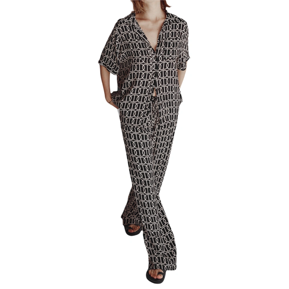 Women 2 Piece Loungewear Print Button up Short Sleeve Shirt and Pants