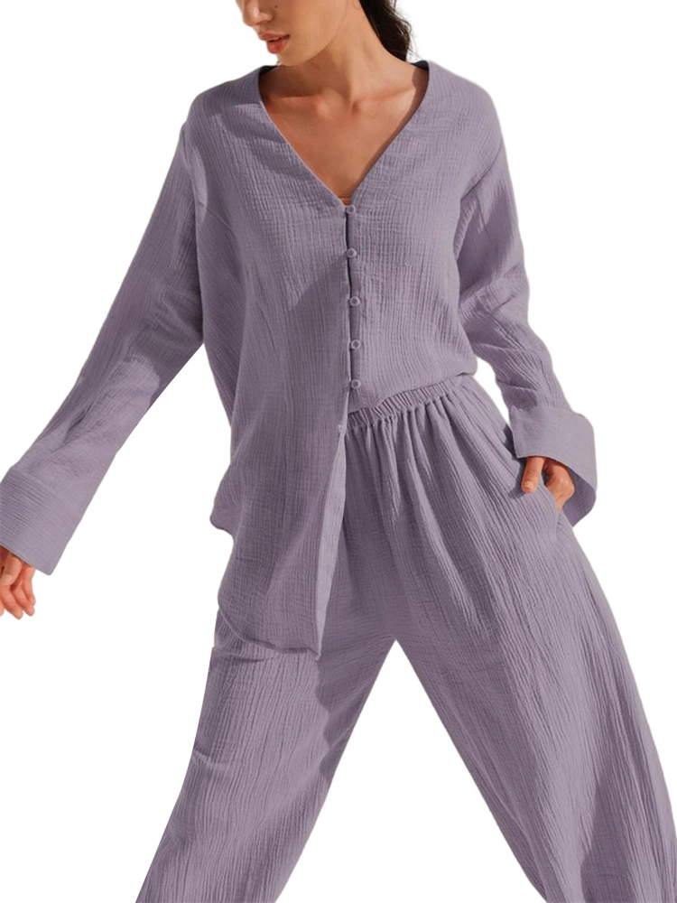 Women’s 2Pcs Pajama Set Summer Long Sleeve Button Down Shirt + Harem Pants Set Loungewear