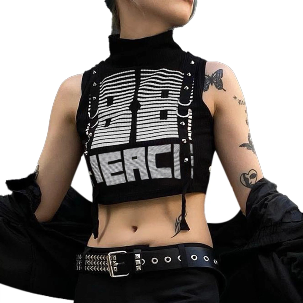 Women Hip-Hop Style Tank Tops Letter Print Turtleneck Punk Vests