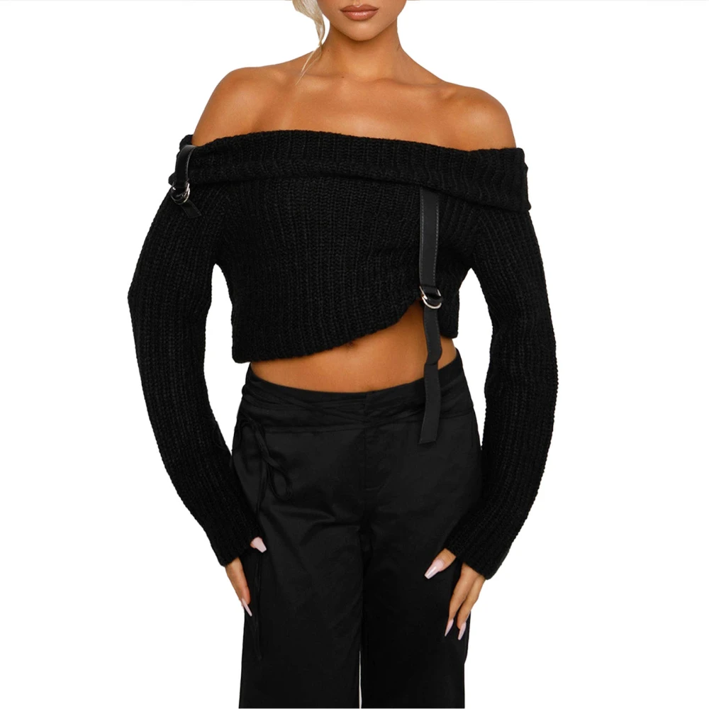 Women Solid Color Knit Sweater Belt Decor Long Sleeve Boat Neck Off Shoulder Pullovers Spring Fall Cropped Jumpers Streetwear