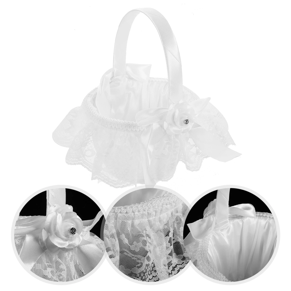 Wedding Ceremony Party Bride Flower Basket Lace Bowknot Wedding Flower Girl Basket