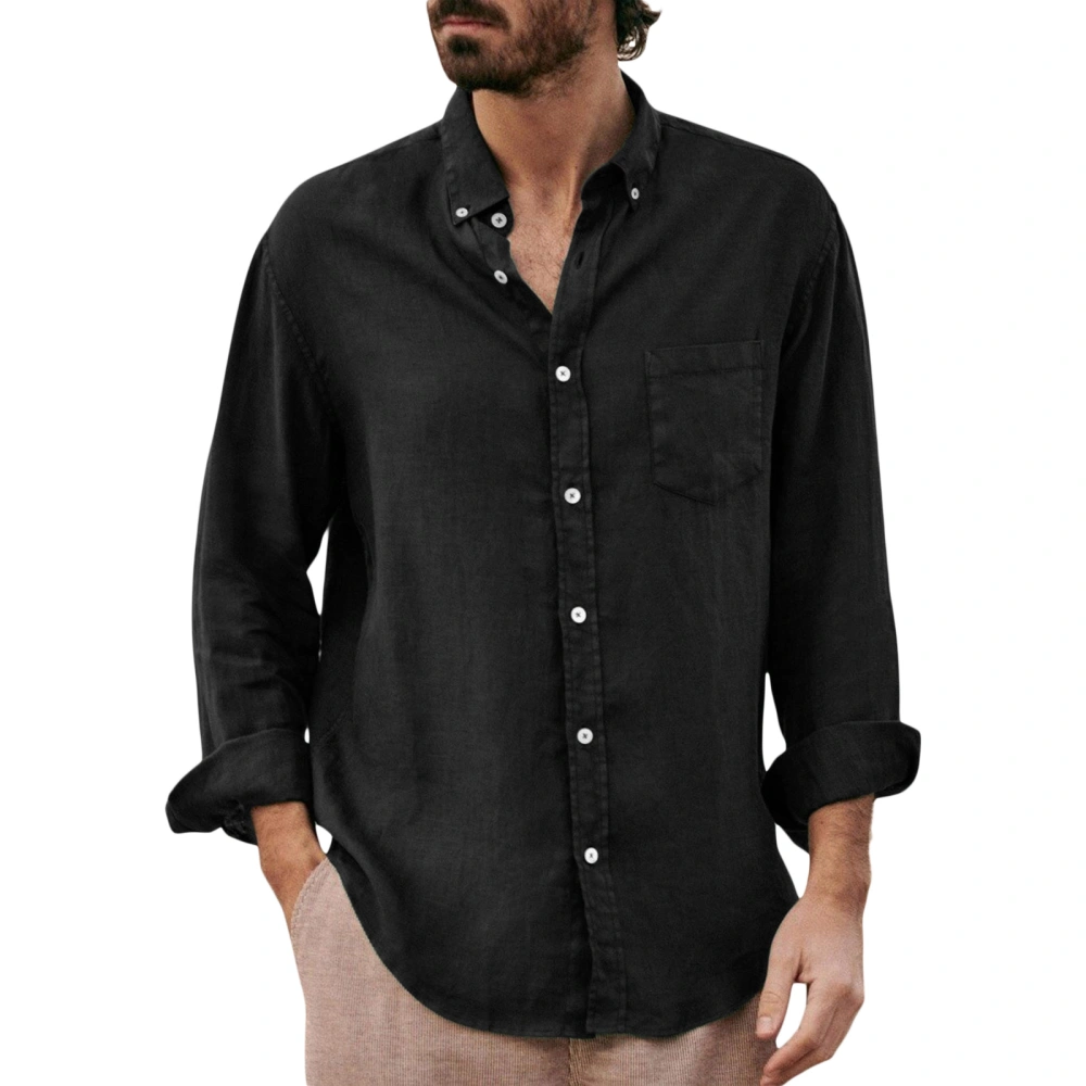 Men's Lapel Collar Shirt, Solid Color Long Sleeve Button-Down Loose Simple Blouse with Chest Pocket