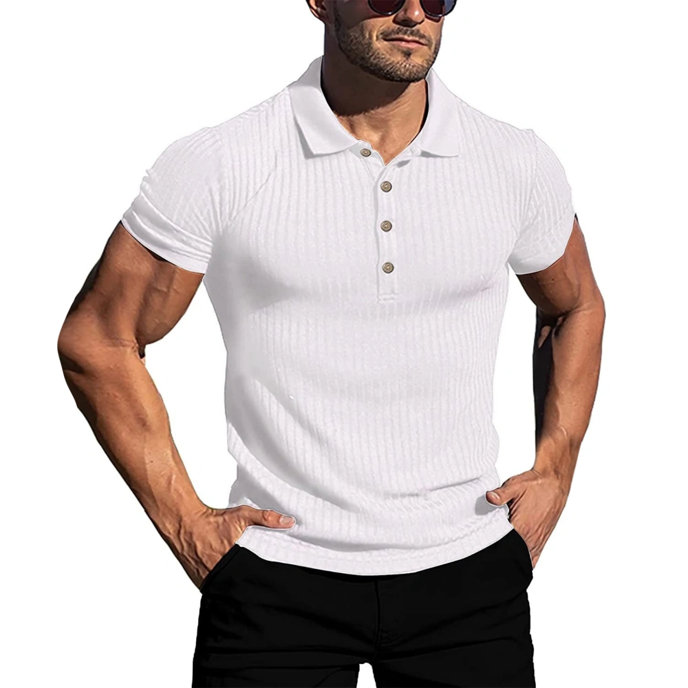 Men’s Shirt, Short Sleeve Shirt Turn-down Collar Button Closure Ribbed Solid Summer Tops for Casual Daily