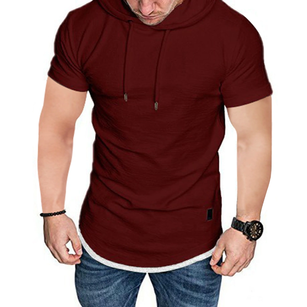 Men Short Sleeve T-Shirt Patchwork Drawstring Hooded Muscle Fitness Tops Summer Sports Casual Slim Fit Shirts