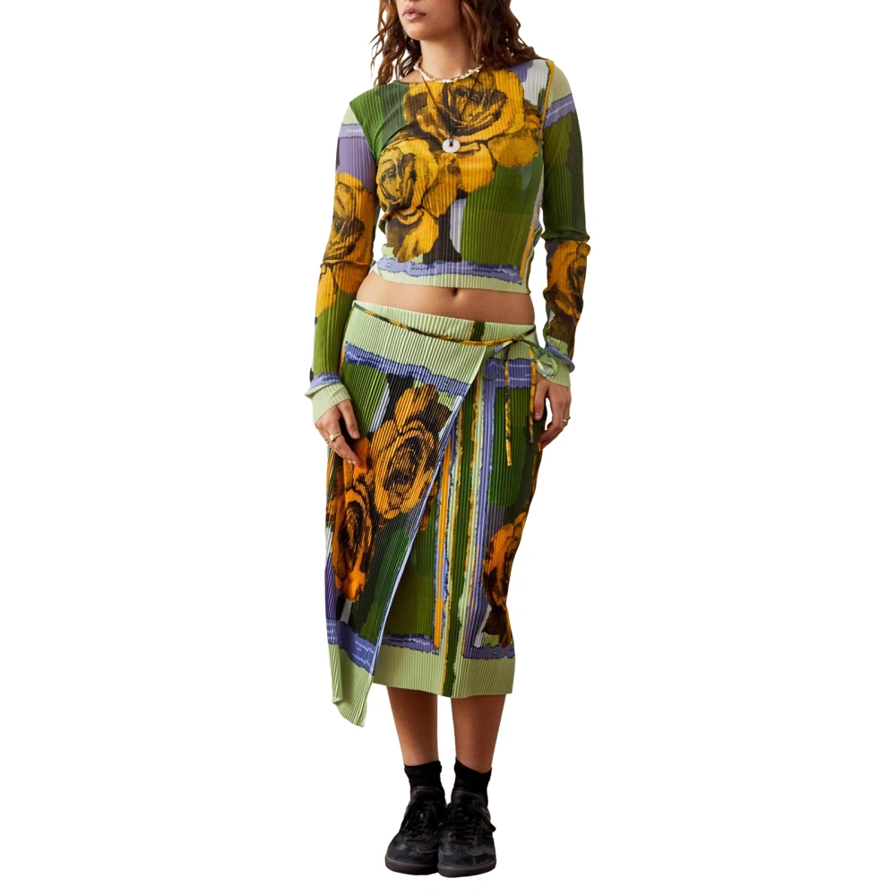 Women Skirt Set, Flower Print Long Sleeve Crew Neck Crop Top with Tie-up Long Skirt Fall Outfit