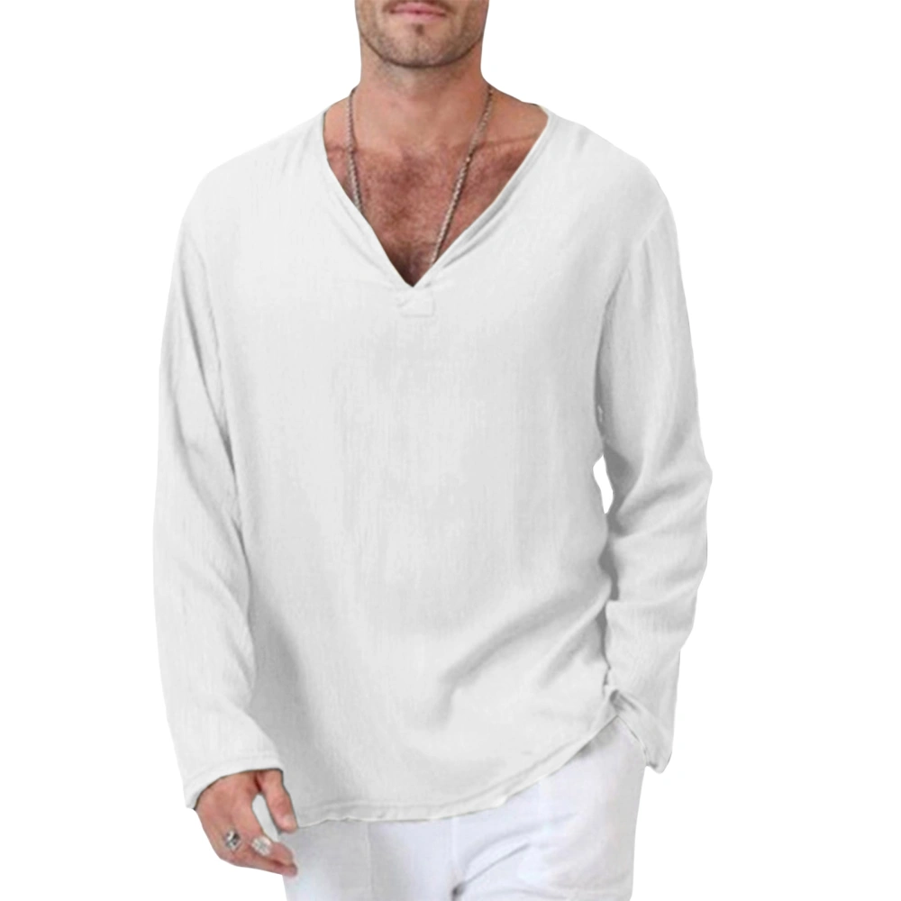 Men Long Sleeve T-Shirts Solid Color V-Neck Ethnic Style Tops Spring Fall Fashion Casual Loose Shirts