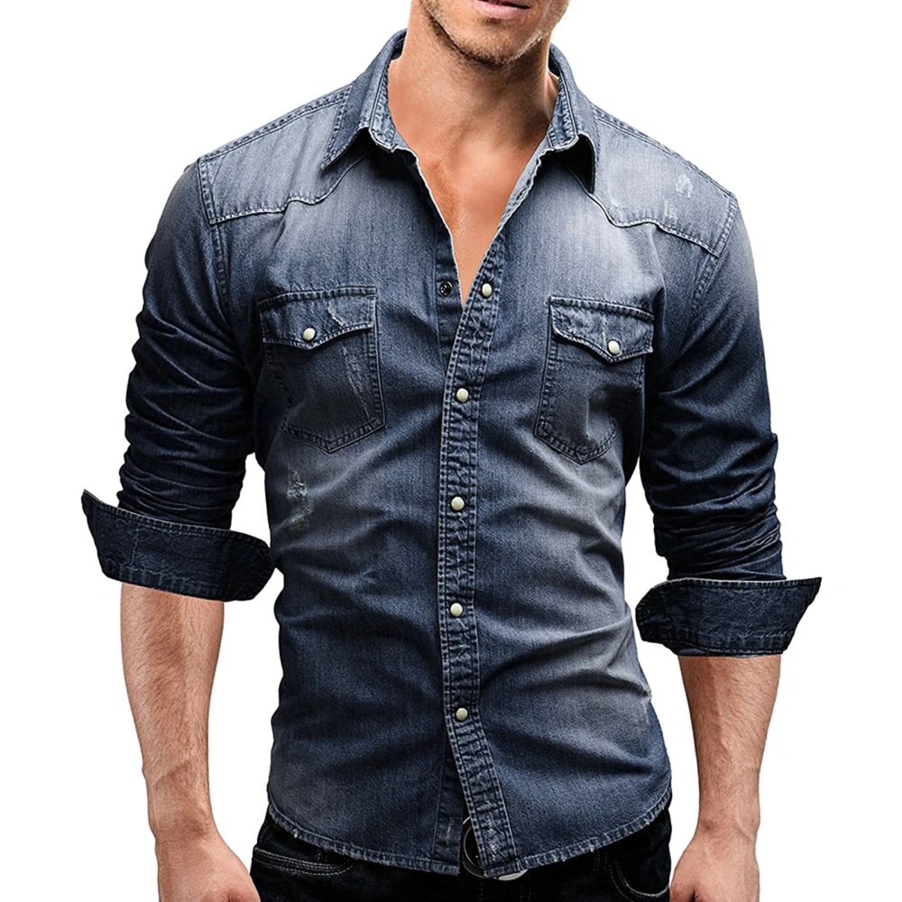 Men's Spring Autumn Casual Shirts Solid Color Long Sleeve Lapel Denim Tops Button Shirts for Party