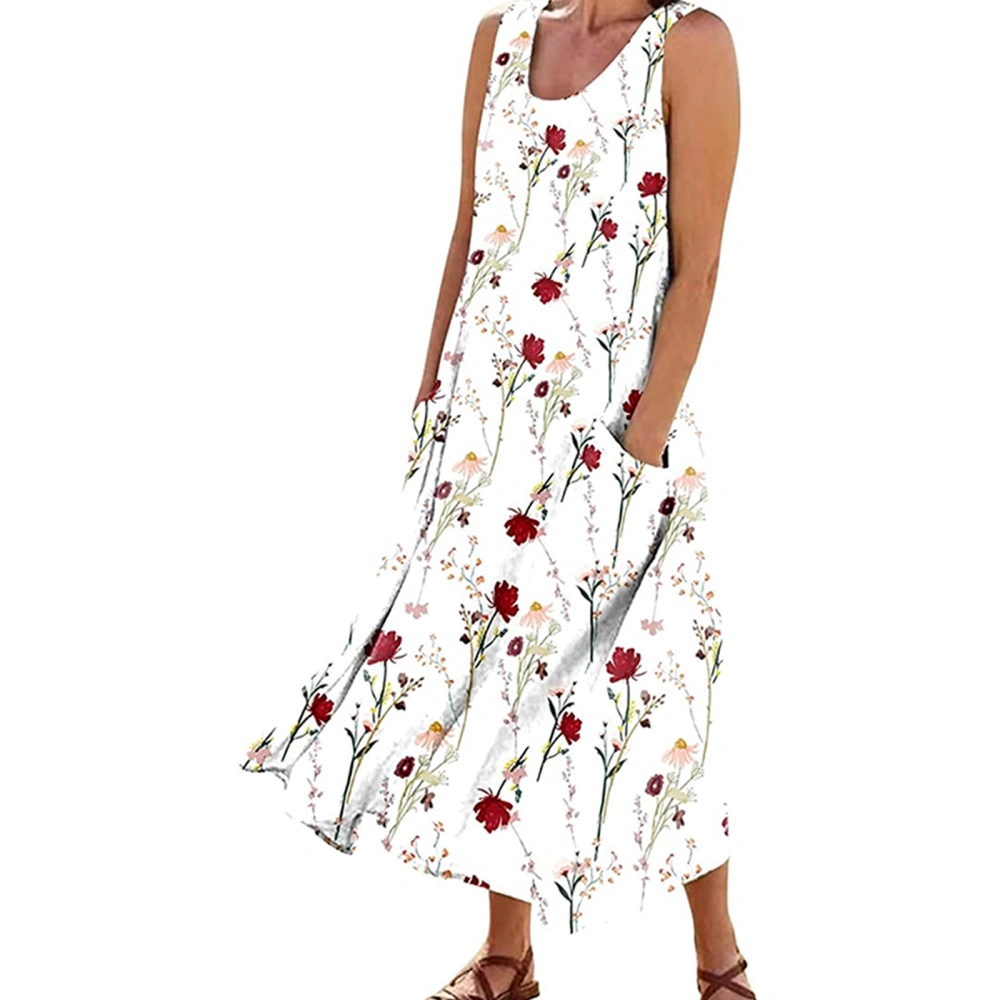 Women's Summer Sleeveless Dress Floral Print Round Neck A-Line Tank Long Dress with Pockets