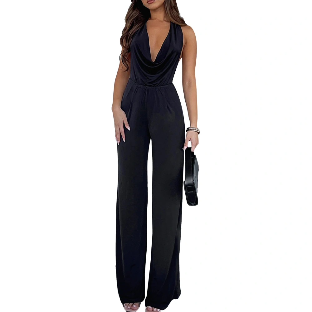 Women Jumpsuit, Sleeveless Halterneck Backless Solid Summer Long Romper Party Clubwear