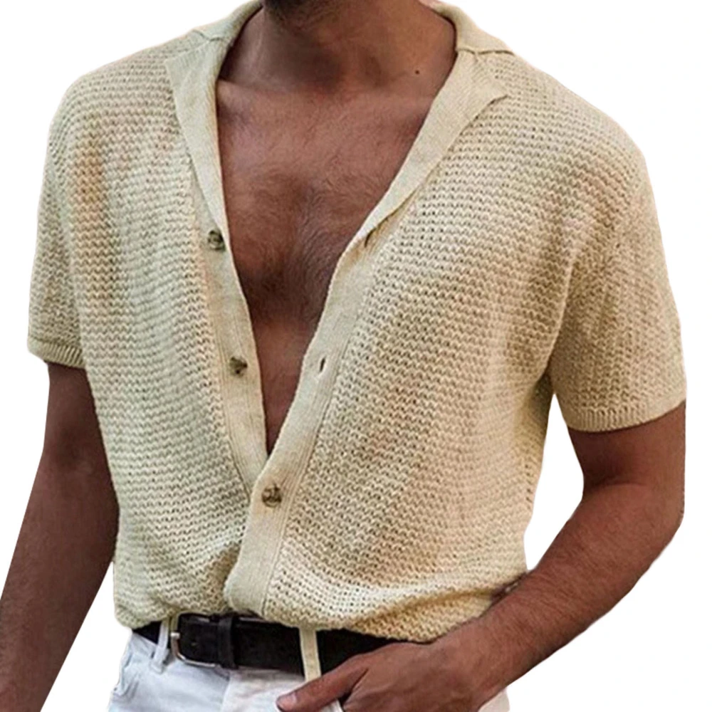 Men Summer Knit Tops Casual Short Sleeve Lapel Collar Button Down Shirts Solid Color Tops