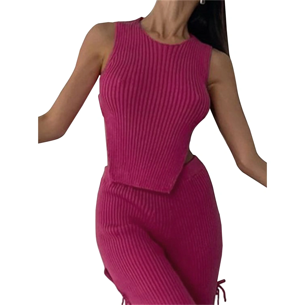 Women Rib Knit Tank Tops Solid Color Crew Neck Sleeveless Vests Summer Tie-Up Backless Slim Fit Cropped Tops Streetwear