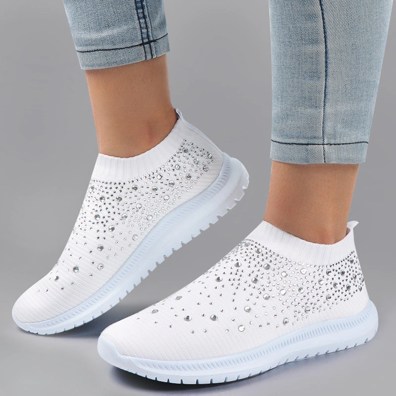 9 Colors Women Glowing Crystals Sneakers Lightweight Breathable Mesh Sneakers Casual Slip On Shoes Anti-slip Socks Trainer Sports Shoes Indoor and Outdoor Athletic Tennis Running Shoes