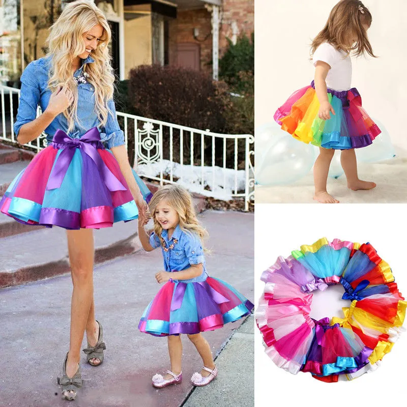 Mother Daughter Matching Clothes Skirt Colorful Rainbow Tutu Skirt Patchwork Costume Skirt